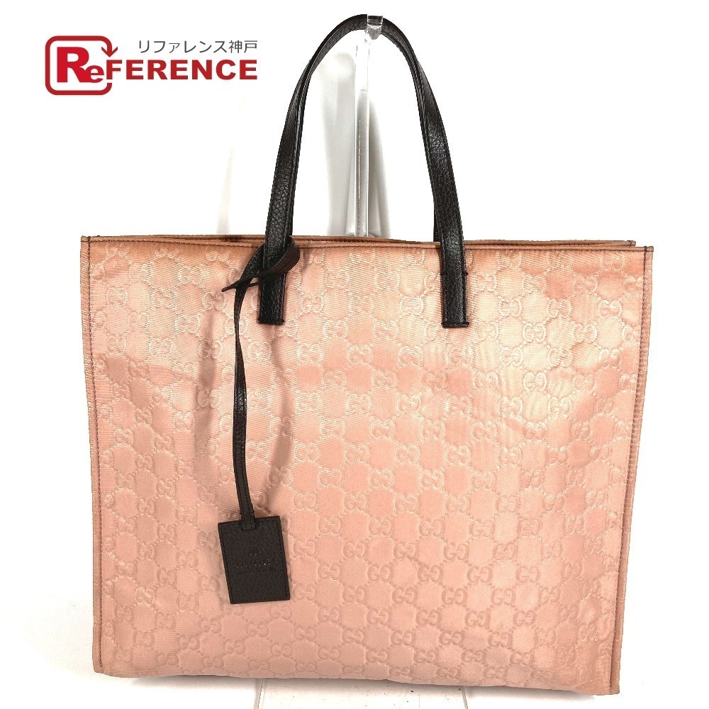 GUCCI GG Logo Bag Vertical Tote Handbag Leather Pink Beige